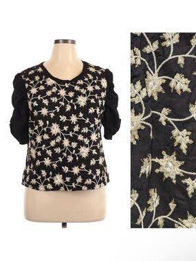 Anthropologie ISLA MAUDE Embroidered Sequin Floral Ruched Sleeve Top XL